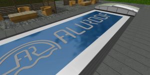 Aluroof model Compact - zadaszenie zaparkowane za basenem