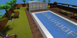 Aluroof model Lofty - zadaszenie zaparkowane za basenem